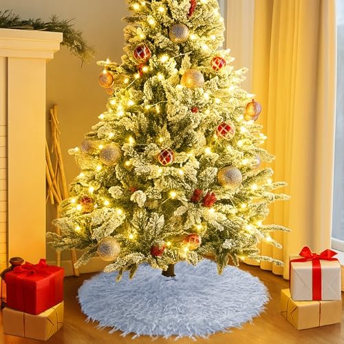 Light Blue Plush Christmas Tree Skirt Soft Fluffy Faux Fur Xmas Tree Skirt 30 Inch for Christmas Holiday Party Decorations - Image 2