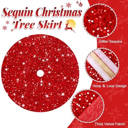 FOTSHARER Red Christmas Tree Skirt 21 Inches Shiny Tabletop Tree Skirt Sequin Tree Skirt Velvet Christmas Tree Skirt Mini for Holiday Decorations Glitter Sequins Tree Skirts New Year Decoration - Image 5