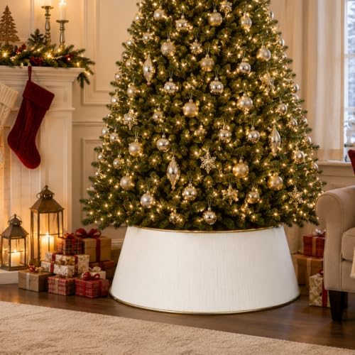 White Tree Collar, Holiday Tree Skirt Alternative, Christmas Decorations for Tree, Metal Christmas Tree Skirt, Xmas Tree Collar, Premium White & Gold Finish - Image 3