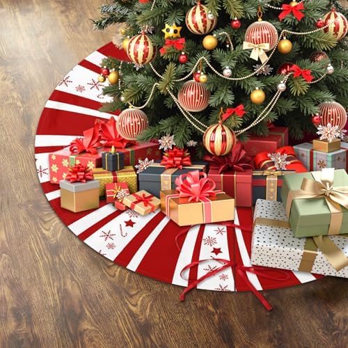 Red Swirl Candy Cane Christmas Tree Skirt 48 Inch Winter Holiday Xmas Tree Mat for New Year Festive Holiday Party Ornament Rustic Farmhouse Decoration - Image 3