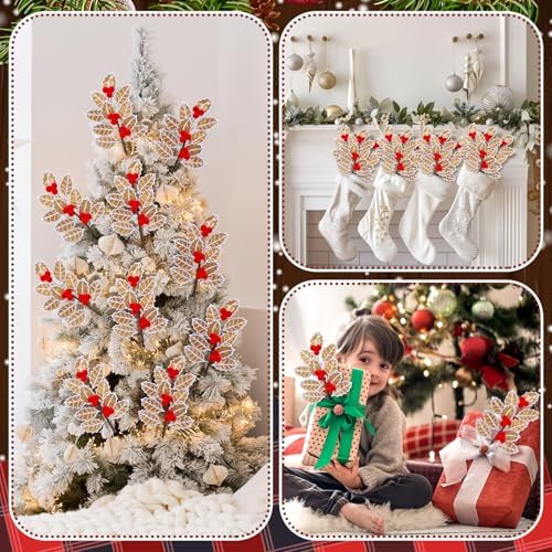 Janinka 8 Pcs Christmas Gingerbread Poinsettia Picks Tree Topper Picks with Berries Gingerbread Poinsettia Flower with Gold Glitter 11.8 Inches Christmas Tree Ornaments for Xmas Home Vase Decor - Image 5