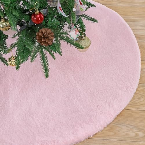 Large Xmas Tree Skirt 48 inch Pink Faux Fur Tree Skirt Christmas Decorations by MokoHouse