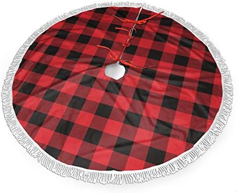 Christmas Tree Skirt 48" Inch Red and Black Plaid Xmas Tree Skirt Mat with White Tassel for Party Holiday, Tree Skirt Christmas Decorations - Image 2