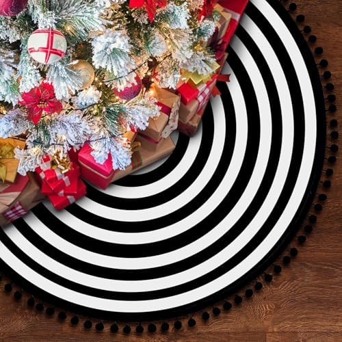 48 Inch Black and White Christmas Tree Skirt with Pom Poms - Image 2