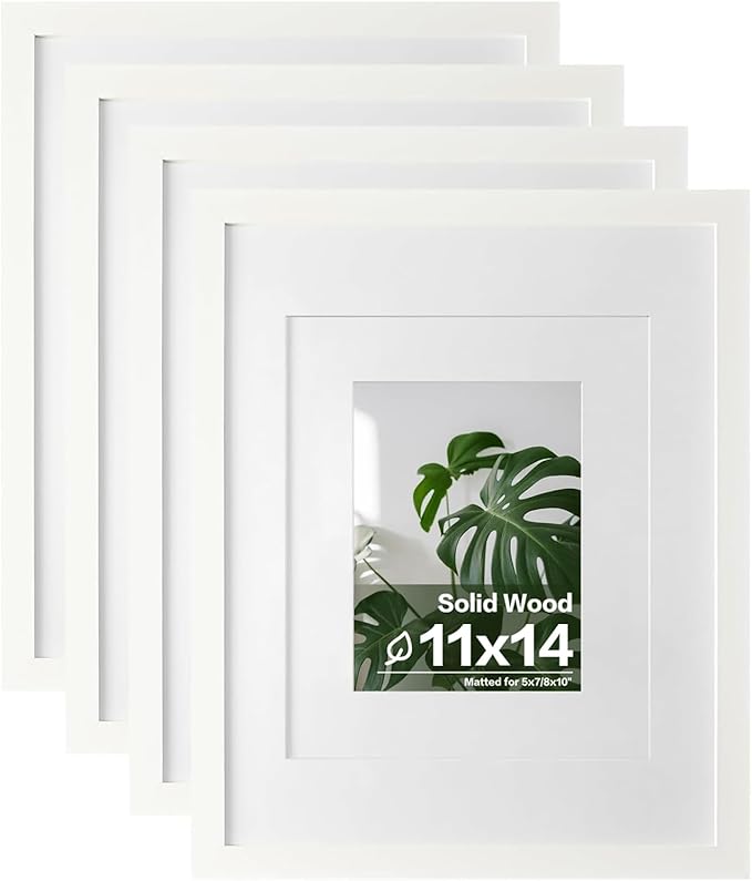 Egofine 11x14 Picture Frames 4PCS Covered by Plexiglass, Made of Solid Wood, Display Pictures 8x10/5x7 with Mat or 11x14 Without Mat for Table Top and Wall Mounting, White with Texture