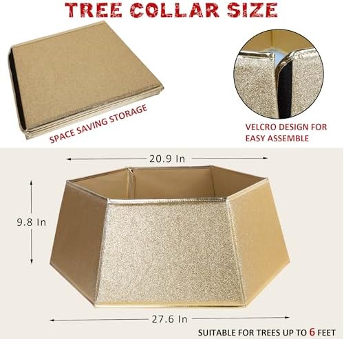 Blissun Fabric Christmas Tree Collar, Hexagonal Christmas Tree Ring, Glittering Willow Christmas Tree Skirt for Tree Decorations (Glitter Gold) - Image 2