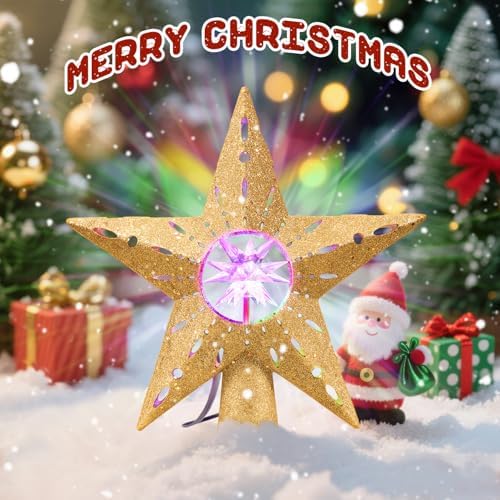 Gold Rotating Christmas Tree Topper Star with RGB LED Lights, 3D Crystal Diamond Center, Spinning Projection, Glitter Design Tree Decor with Power Cord for Holiday, Party, Christmas Celebration - Image 6