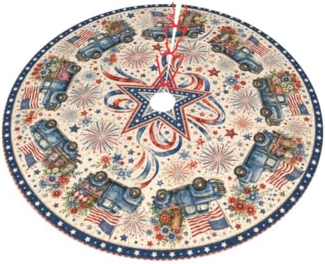 4th of July Truck Christmas Tree Skirt Tree Mat for Xmas Holiday Party Decorations Indoor Outdoor 36 Inch - Image 3