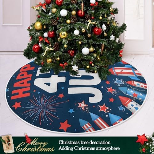 4th of July Patriotic Tree Skirt 36" Firework USA America Christmas Tree Skirts Xmas Mat for Holiday Festival Party Memorial Independence Day Decor - Image 3