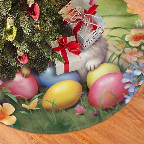 Christmas Tree Skirt, Easter Holiday Easter Rabbit Bunny Eggs Spring Flower Xmas Large Tree Mat, New Year Festive Holiday Party Decorations 30" inches - Image 3
