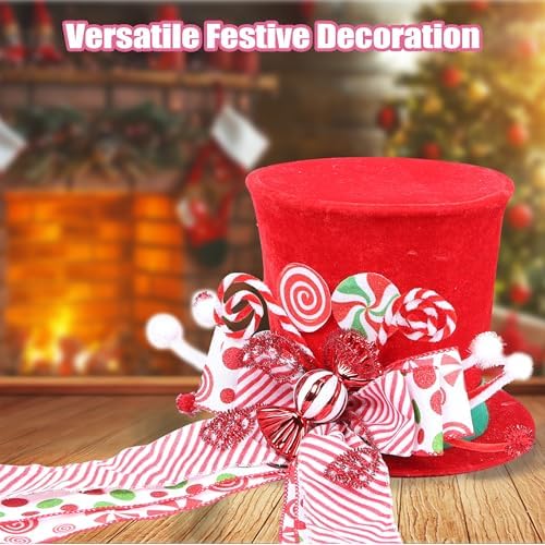 HMASYO Candy Cane Christmas Tree Topper, Velvet Red Tree Topper Hat with Candy Peppermint Bows Ribbon Ornament, Top Hat Christmas Tree Topper for Home Office Holiday Tree Decoration Xmas Gift - Image 4