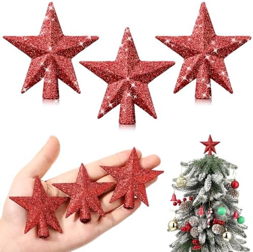 Hanaive 3 Pcs Mini Christmas Tree Topper Small Star Christmas Treetop Ornaments for Mini Tree Holiday Decorative Star for Xmas Home Decor(2.36 Inch,Glitter Red) by Hanaive