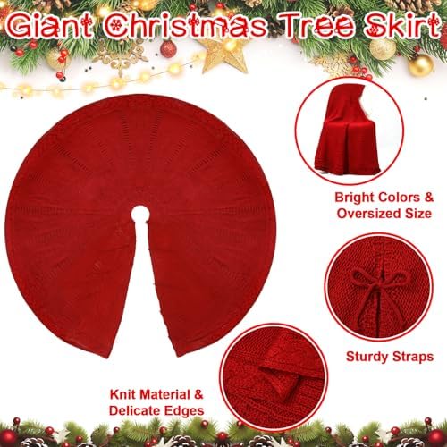 84 Inch Christmas Tree Skirt Extra Large Red Chunky Merry Christmas Knitted Tree Skirt Vintage Giant Claret Braided Cable Knit Rustic Farmhouse Xmas Ornaments for Home Holiday Winter Party Decoration - Image 3