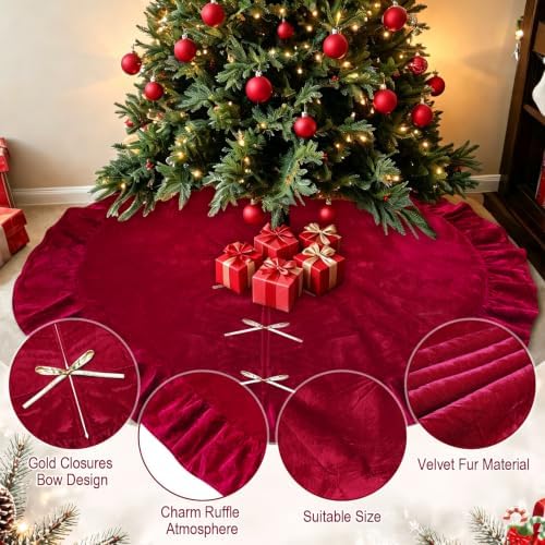 60 Inches Velvet Christmas Tree Skirt Decorations Red Luxury Xmas Fur Plush Skirts for Merry Christmas Party Rustic Vintage Holiday Home Winter - Image 5