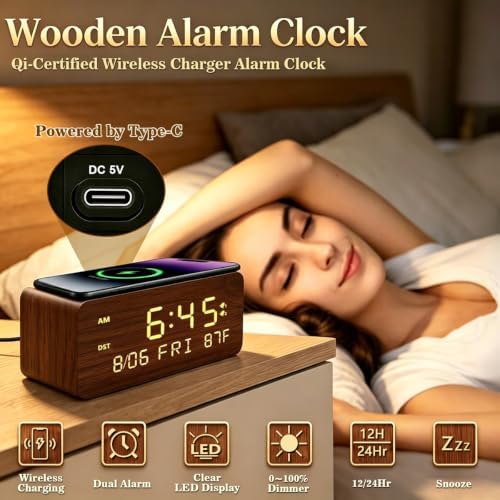 Premium Brown Wooden Digital Alarm Clock with Wireless Phone Charger, Dual USB Charging Ports, Dimmable LED Display, Date and Day of Week, Small Digital Desk Clock for Bedroom Nightstand Bedside Table - Image 2