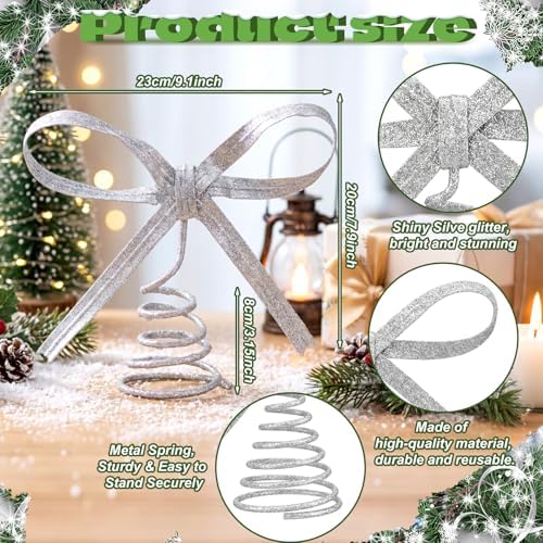 Gejoy Christmas Bow Tree Topper Silver Rhinestone Bow Tree Topper with Spiral Base for Holiday Xmas Party Christmas Decorations Wedding Birthday Party Gift - Image 2