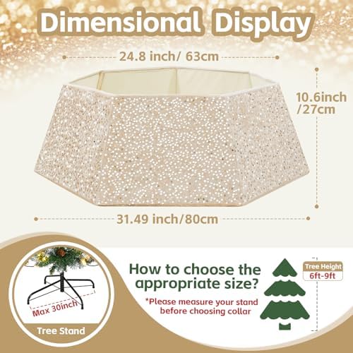 Champagne Gold Tree Collar 31.49 Inch Sequin Foldable Christmas Tree Ring Velvet Tree Skirt Cover for 9ft Xmas Pencil Tree Holiday Decor - Image 5