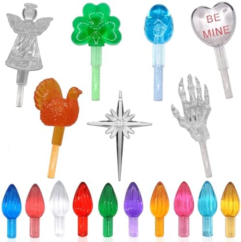 110Pcs in 10 Colors Ceramic Christmas Tree Replacement Lights - Plastic Bulbs Pegs, Included Angel Topper/Heart Top/Cross Stars/Egg/Turkey/Skeleton Hand/Clover. by YOULIK