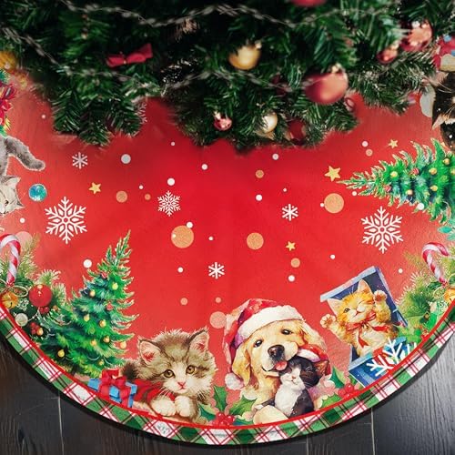 48 Inch Christmas Tree Skirt with Cats and Dogs, Christmas Soft Farmhouse Holiday Xmas Trees Decoration, Red Tree Skirt Indoor Outdoor, Christmas Tree Skirt Decoration by HEIFAM