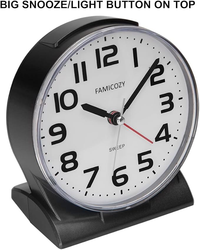 FAMICOZY 4.5" No Ticking Analog Alarm Clock,Silent Readable for Seniors,Easy to Set,Gradual Rise Alarm,Big Numbers,On/Off Switch on Side,Gentle Wake,Snooze Soft Backlight,Battery Operated,Black - Image 3