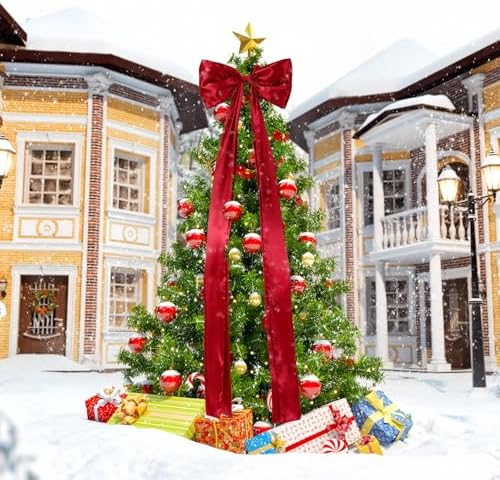 Daifunli 24 x 79 Inches Giant Satin Bow Christmas Tree Topper,Wine Red - Image 4
