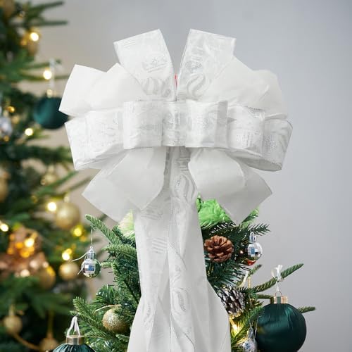 Christmas Tree Topper, 40x13 Inches Toppers Bow with Glitter Satin Mesh Streamer and Patterned Ribbon, Christmas Tree Topper Bow for Christmas Home Decoration (Pure White) by CANGBI