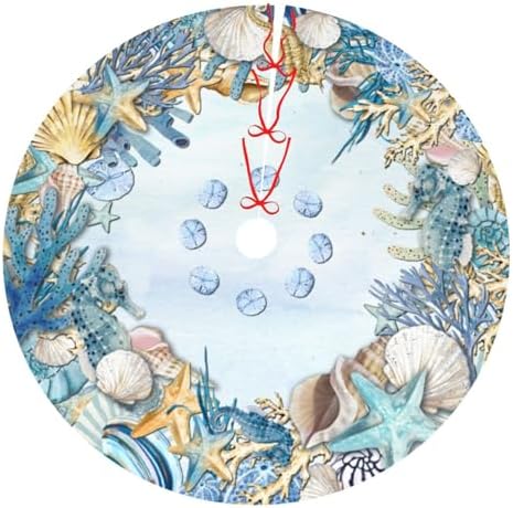 Shell Coastal Beach Starfish Sea Seahorses Christmas Tree Skirt - Plush Polyester Mat Resistant with 3 Red Ties for Xmas, Halloween Decorations, Party Decor 30" by Unknown