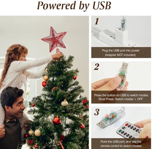 Lewondr Lighted Christmas Star Tree Topper with Remote & Timer, Red - Image 5