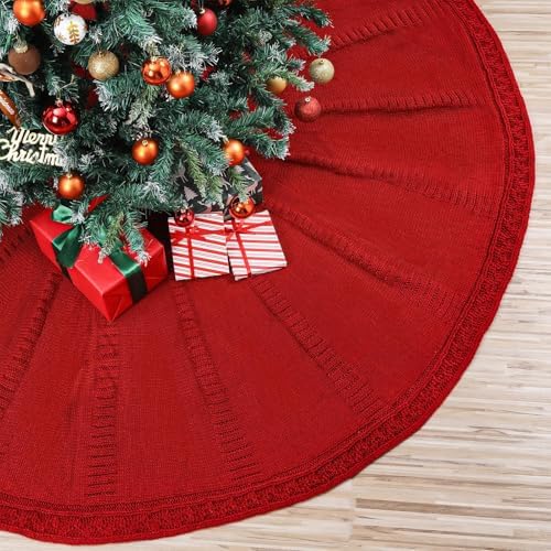 84 Inch Christmas Tree Skirt Extra Large Red Chunky Merry Christmas Knitted Tree Skirt Vintage Giant Claret Braided Cable Knit Rustic Farmhouse Xmas Ornaments for Home Holiday Winter Party Decoration by Bornerwhite