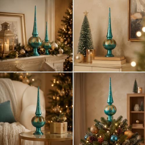 Gejoy Mercury Glass Christmas Finials Tree Topper Vintage German Ornaments Spherical Blown Glass Xmas Tree Topper Finials Green Holiday Indoor Suitable for Party Decoration, 9.8inches - Image 6