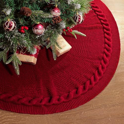 48 Inch Christmas Tree Skirt: Cable Knit Tree Skirt for 7.5FT Tree, Wine Red Tree Skirt, Vintage Tree Skirts, Rustic Farmhouse Christmas Decorations by LimBridge