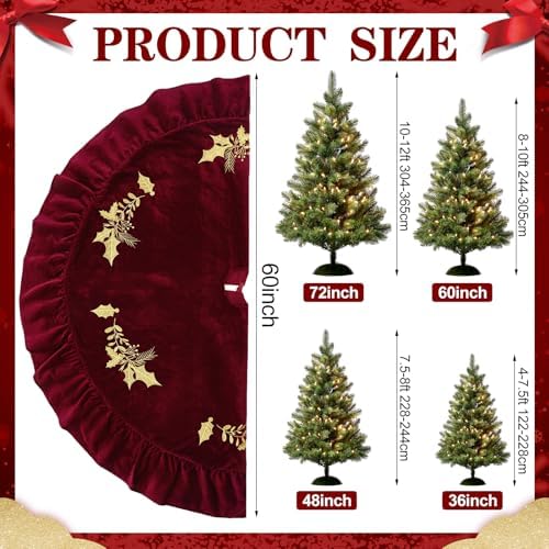 60 Inches Velvet Christmas Tree Skirt Wine Red with Gold Embroidered Holly Fur Plush Tree Skirt Luxury Xmas Skirts for Merry Christmas Party Vintage Holiday Decorations - Image 2