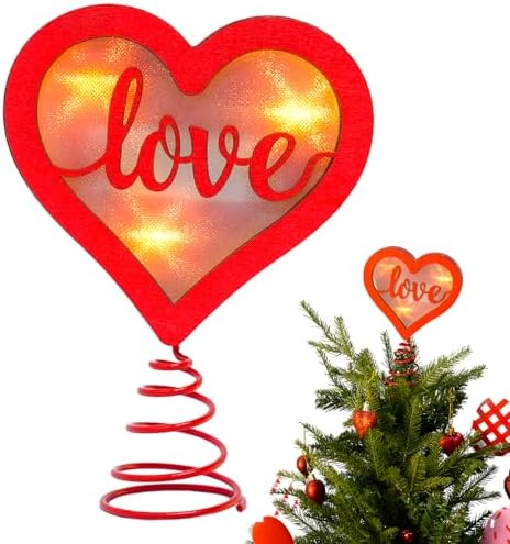 Fangoo 7.8 x 6 Inches Red Wooden Heart Tree Topper for Valentine's Day Decoration with Led Light Romantic Wooden Love Tree Toppers Ornaments for Party Decoration Wedding Home Decor Couple Gifts by Fangoo
