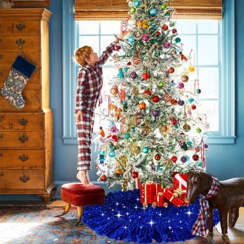 Royal Blue Tree Skirt Velvet Ruffled Christmas Tree Skirt 45 Inches - Image 2