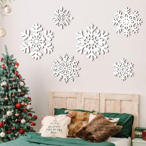 Whaline 6 Pcs Christmas Snowflake Wooden Wall Decor White Snowflake Shaped Wood Wall Art Sign with Hook for Home Farmhouse Xmas Winter Hanging Ornament - Image 4