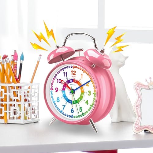 Peakeep Learning Clock for Kids Time Teaching, Loud Alarm to Wake Up | 4.5" Twin Bell Alarm Clock Battery Operated for Teenagers Kids, Kids' Room (Pink) - Image 2