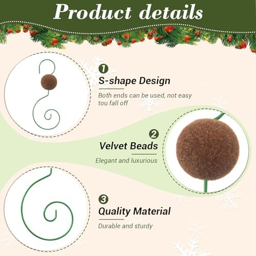 Cinnvoice 24 Pcs Velvet Christmas Ornament Hooks Christmas Tree Decorative Shaped Hangers Green Wire Swivel Ornament Metal Hooks with Velvet Beaded for Crafts Xmas Tree Decoration - Image 3