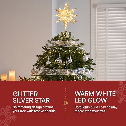 JOIEDOMI 7.8" Metal 3D Star Christmas Tree Topper Golden Glitter Decorations with 56 LED Warm White with Plug Timer Ornaments Treetop Home Holiday Party Indoor Decor - Image 2