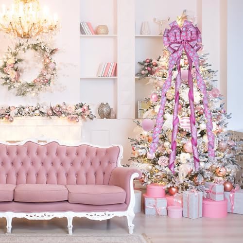 Christmas Tree Topper Wreath Bow Large Pink Christmas Bow Tree Topper 52"x13" Pink Alien Ball Glitter Satin Ribbon Gift Bows for Xmas Holiday Home Wedding Thanksgiving Indoor/Outdoor Decoration - Image 5