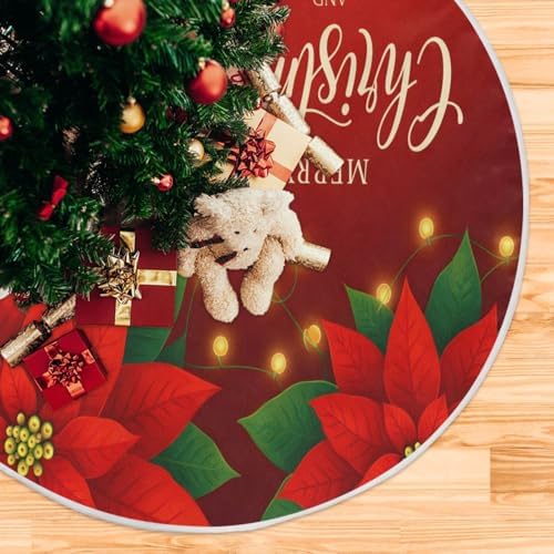 Red Poinsettia Flower Lights Christmas Tree Skirt Large Xmas Tree Skirts Decorations 48 in Burlap Tree Mat Cover for 4 ft Trees Holiday Party - Image 5