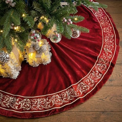 Christmas Tree Skirt 60 inch, Red Luxury Velvet Plush Faux Fur Extra Large Skirts with Golden Embroidered Vintage Pattern, Classic Retro Christmas Tree Decorations Gifts - Image 4