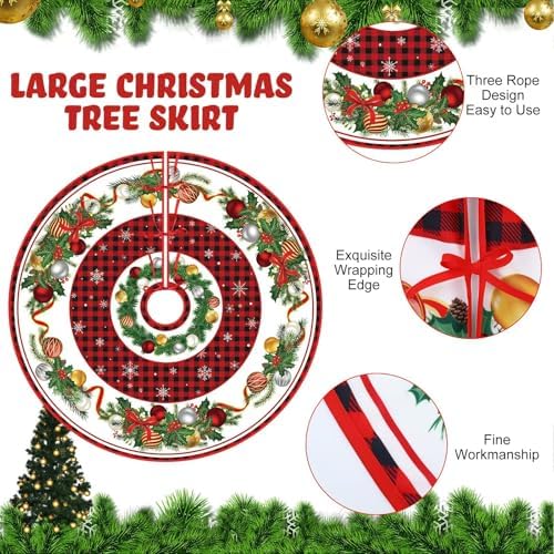 Blosssound Christmas Tree Skirt Buffalo Plaid,48 Inch,Bell,Red, Black - Image 3