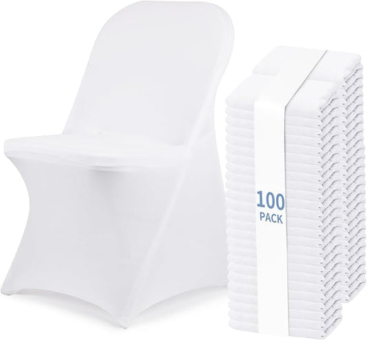 Fixwal 100 Pcs White Folding Chair Cover, Spandex Stretch Covers Ideal for Wedding, Party, Dining, Business Meeting, Banquet, Universal Fitted Washable Slipcover.
