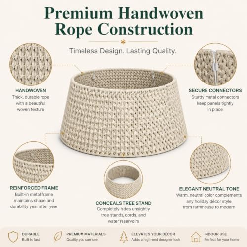 Inside Out Home 27in Christmas Tree Collar, 4-Piece Woven Holiday Tree Skirt, Protects Tree Base from Pets, White Xmas Decoration - Image 4
