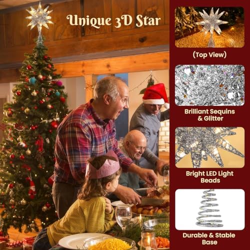 Luxspire Christmas Tree Topper, 3D Starburst Lighted Tree Topper, Plug in Christmas Star with Timer, Light Up Xmas Vintage/Modern Decorations for Holiday, Silver - Image 4