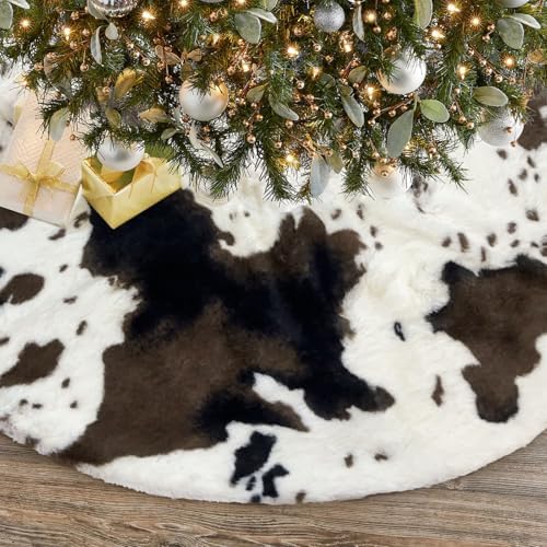 Cow Print Plush Christmas Tree Skirt, Western Cowhide Faux Fur Christmas Tree Skirt Mat for Christmas New Year Home Party Decorations(48 inches/122CM) - Image 2