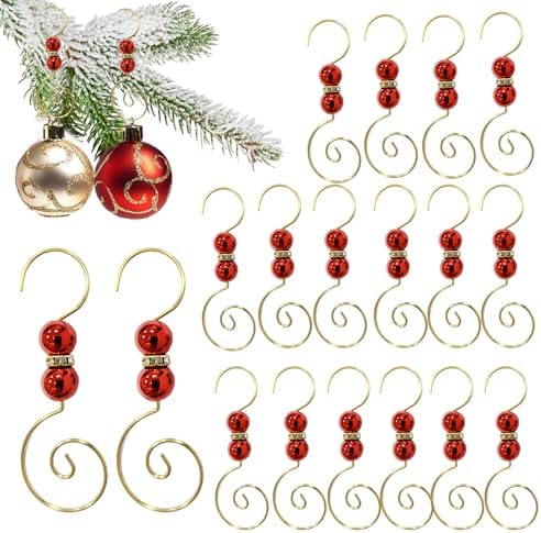 20 Pcs Ornament Hooks Hangers Christmas Decorative Hanging Gold Stainless Wire with Red Acrylic Crystal Jeweled for Crafts Xmas Tree Decoration by Furimuk