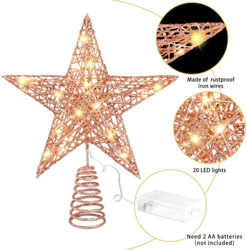 11.8?€??€? Christmas Tree Topper Rose Gold Star Treetop Toppers with 20 Lights - Image 2