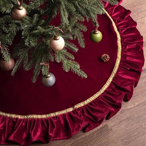 Bunny Chorus Christmas Tree Skirt: 48 Inch Large Luxury Wine Red Velvet Plush Fur Ruffled Christmas Tree Skirts with Gold Trim and Bow, Vintage Royal Decorations for Xmas Home Indoor Decor - Image 6