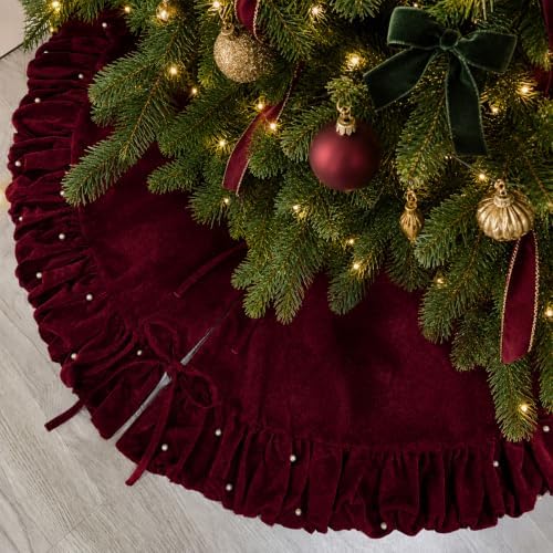Christmas Tree Skirt Wine Red Velvet with Ruffled Pearl 48 Inch by Amidaky
